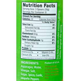 Foster's hot pickled asparagus spears with red pepper, ideal as a zesty snack.