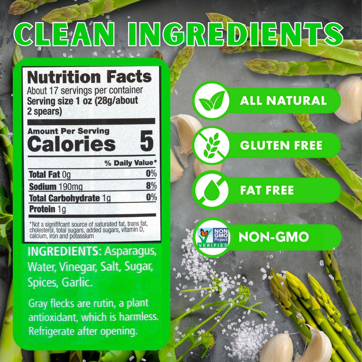 Foster's Pickled Asparagus Jar label highlights gluten-free certification.