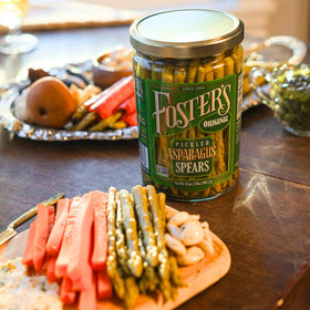 Foster's pickled asparagus on platter for party grazing.