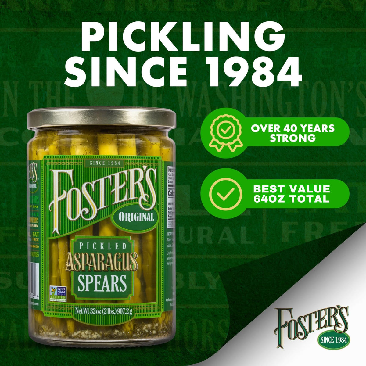 Foster's pickled asparagus spears 2-pack display for easy serving.