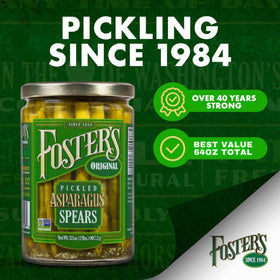Foster's pickled asparagus spears 2-pack display for easy serving.