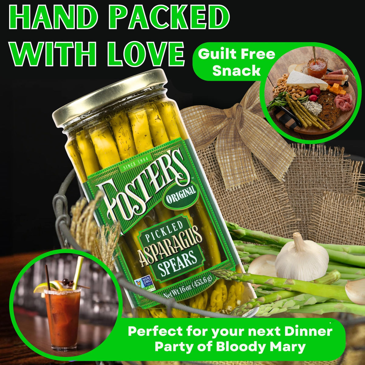 Foster's Pickled Asparagus Spears crisp texture highlighted for snacking.