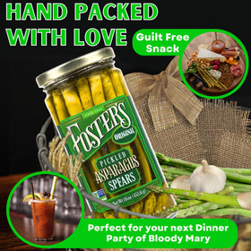 Foster's Pickled Asparagus Spears crisp texture highlighted for snacking.