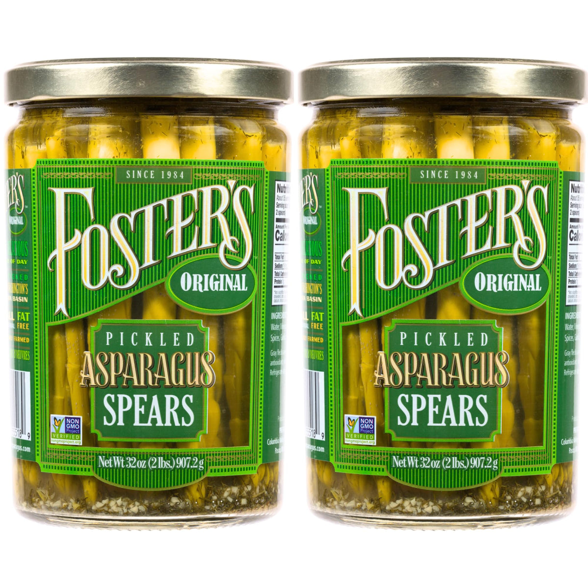 Foster's pickled asparagus spears in jar front view for classic appetizer flavor.