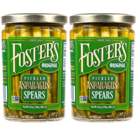 Foster's pickled asparagus spears in jar front view for classic appetizer flavor.