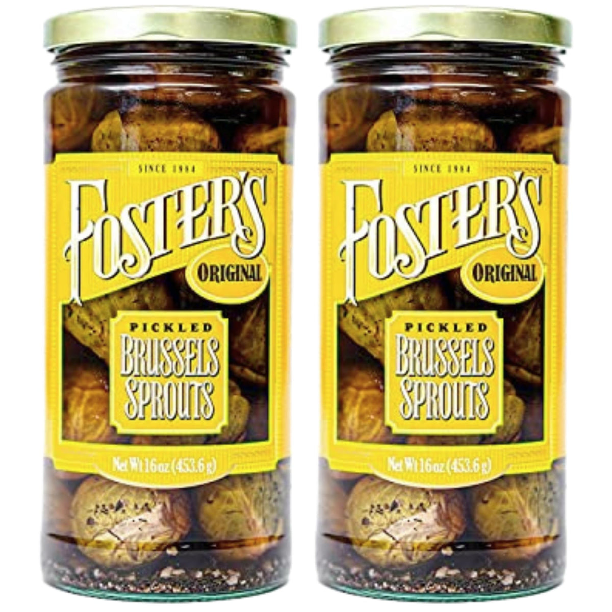 Foster's Pickled Brussels Sprouts jar front view showing classic snack packaging