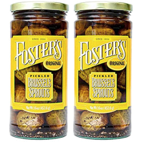 Foster's Pickled Brussels Sprouts jar front view showing classic snack packaging