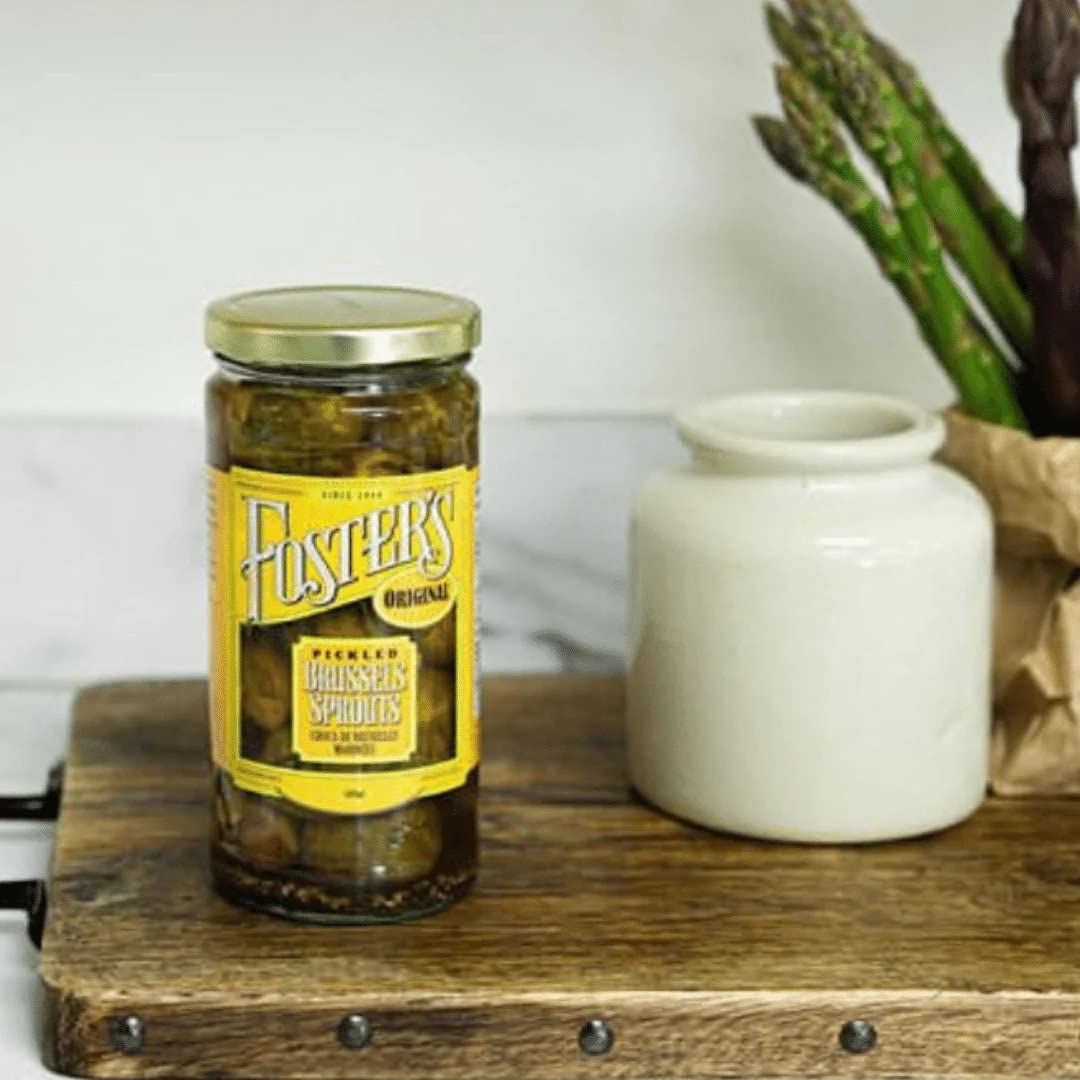 Resealable Foster's Pickled Brussels Sprouts jar packaging