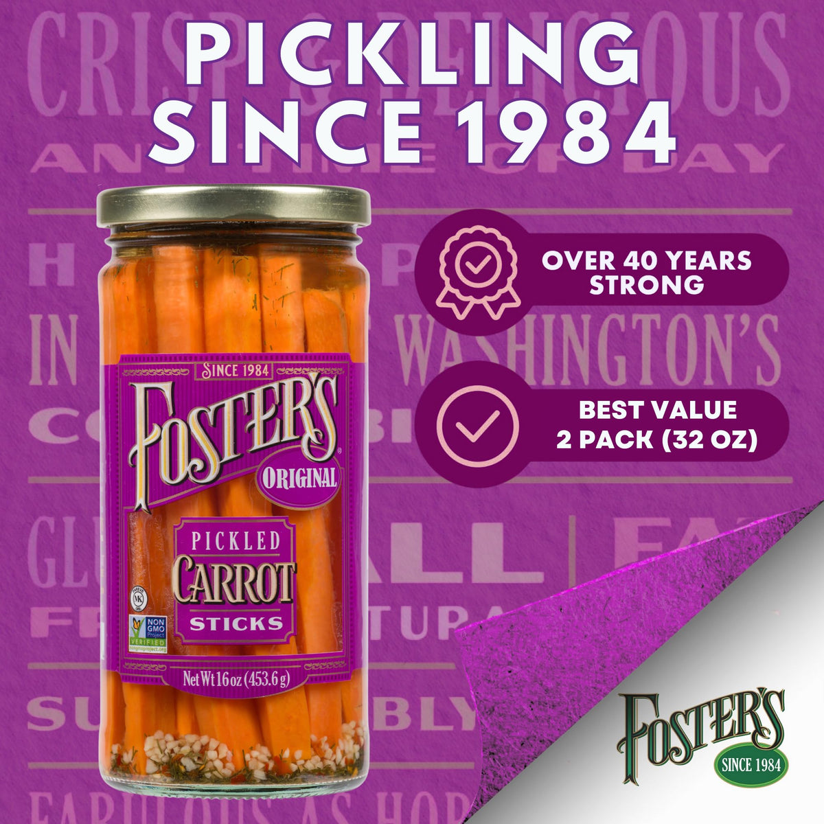 Close-up of Foster's Pickled Carrots label highlighting gluten-free and preservative-free claim.