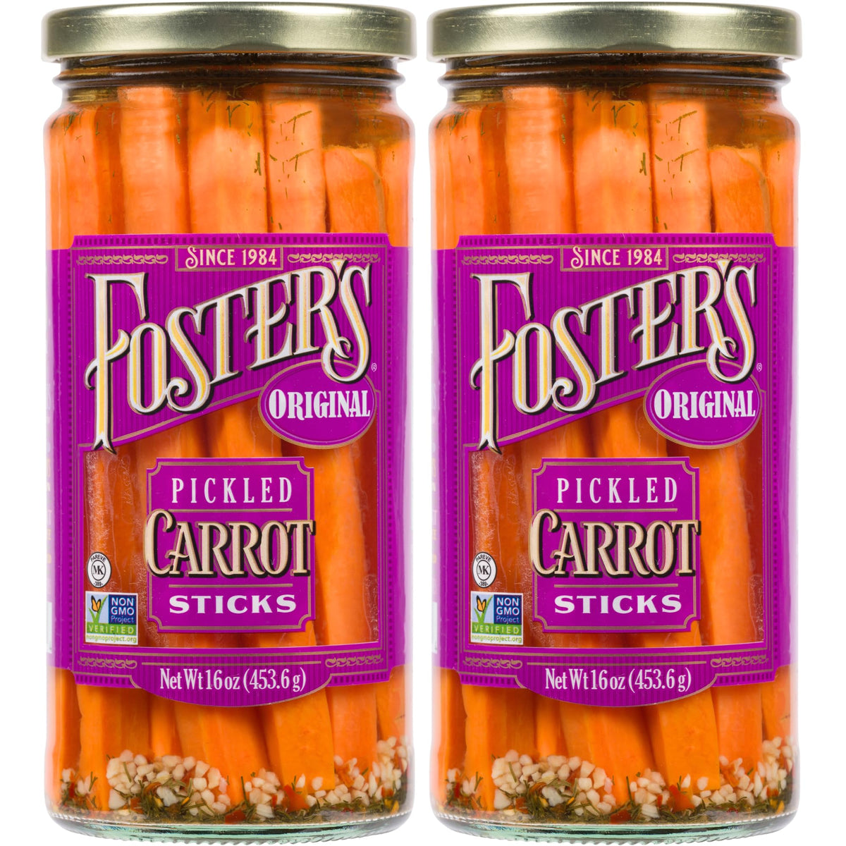 Foster's Pickled Carrots original jar 16oz, ideal for a quick, low-calorie snack.
