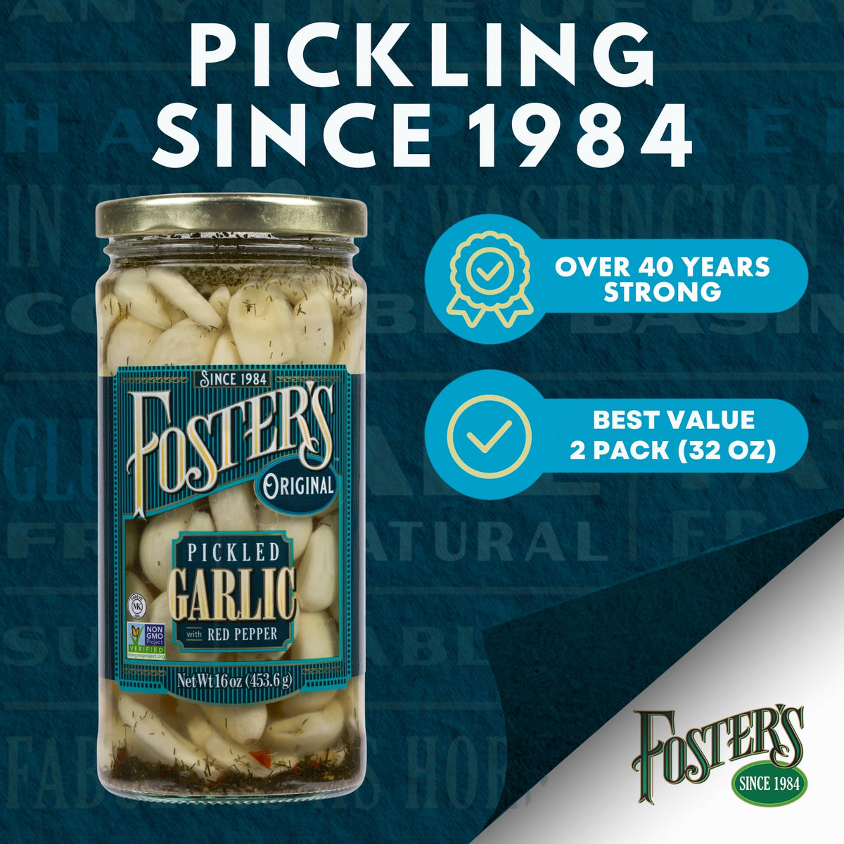 Foster's Pickled Garlic Cloves jar on table highlights crisp cloves in brine, ideal low-calorie snack