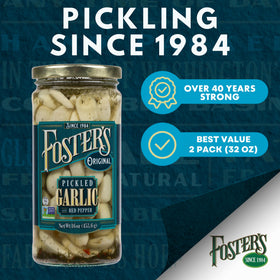 Foster's Pickled Garlic Cloves jar on table highlights crisp cloves in brine, ideal low-calorie snack