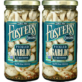 Foster's Pickled Garlic Cloves jar close-up shows original recipe with tangy flavor for appetizers