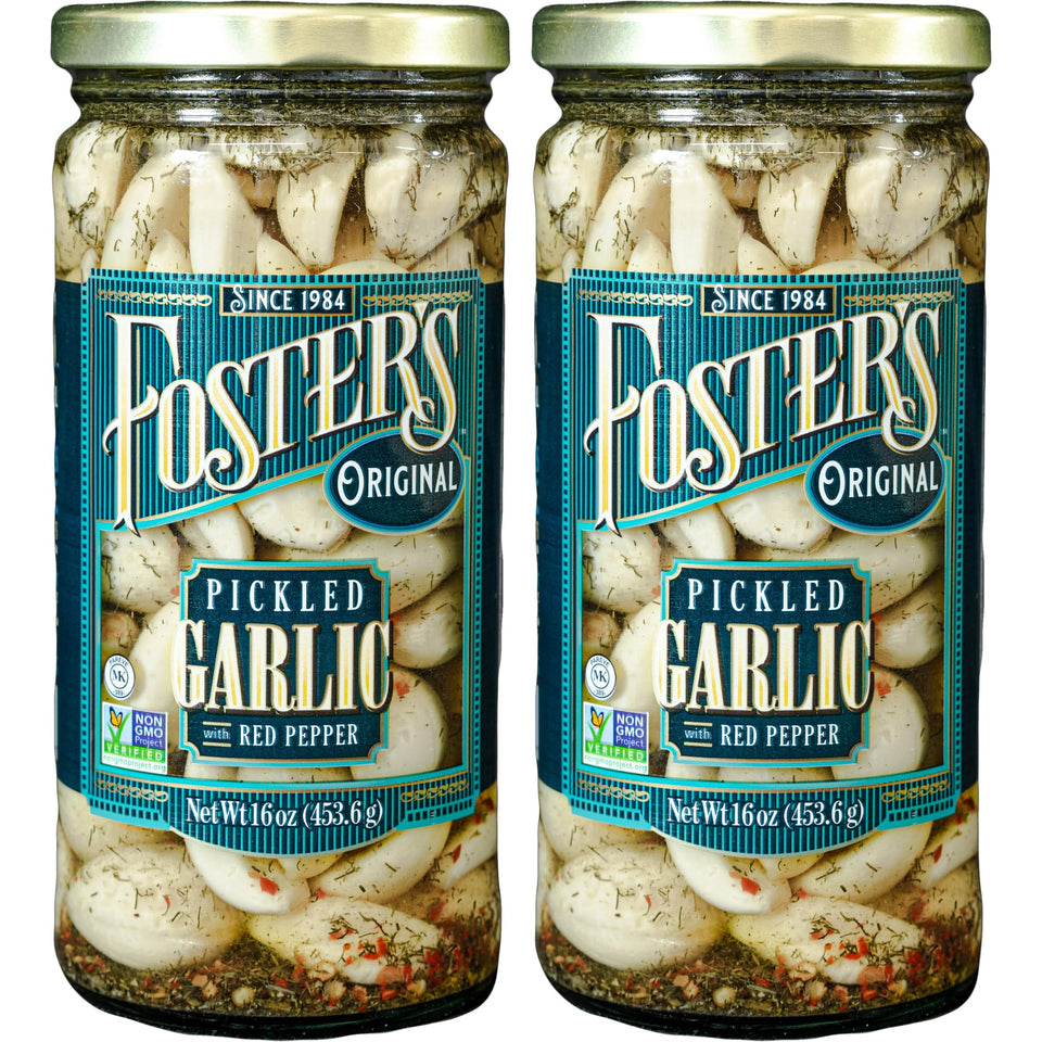 Foster's Pickled Garlic Cloves jar close-up shows original recipe with tangy flavor for appetizers