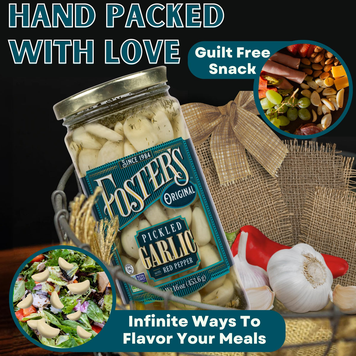 Close-up of Foster's garlic cloves in brine, gluten-free and vegan garnish option