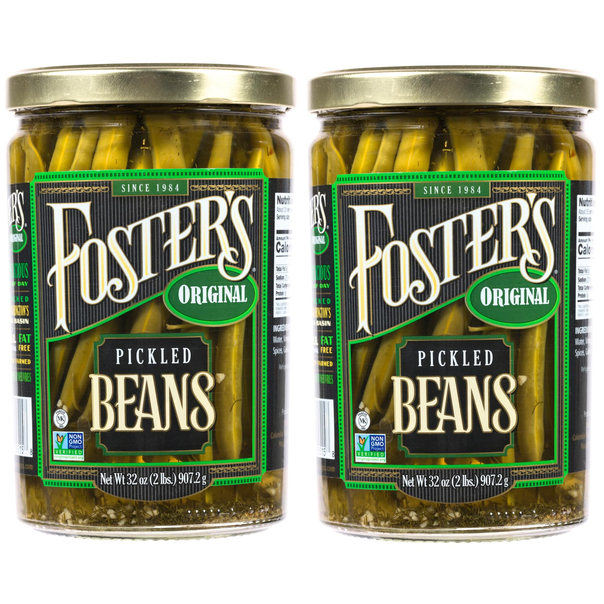 Foster's pickled green beans jar 32oz close-up shows glossy finish for ready-to-serve snacking.