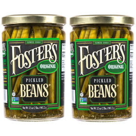 Foster's pickled green beans jar 32oz close-up shows glossy finish for ready-to-serve snacking.