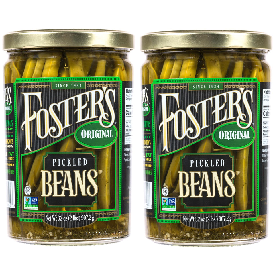 Foster's pickled green beans jar 32oz close-up shows glossy finish for ready-to-serve snacking.