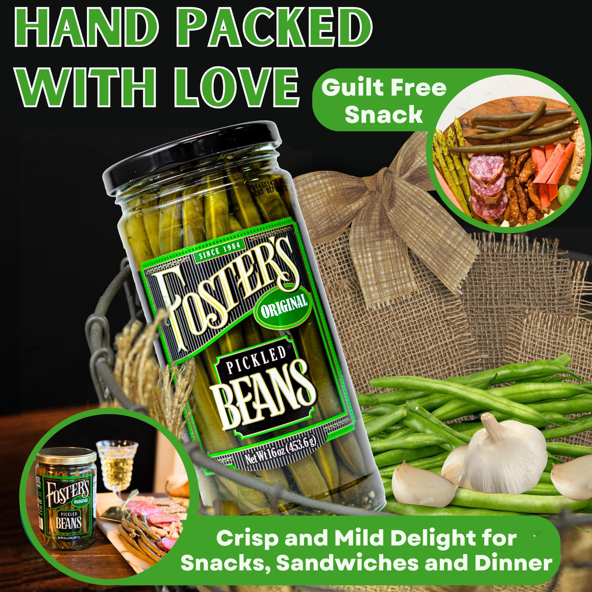Foster's pickled green beans pouring from jar, suggesting easy pantry snack or appetizer.