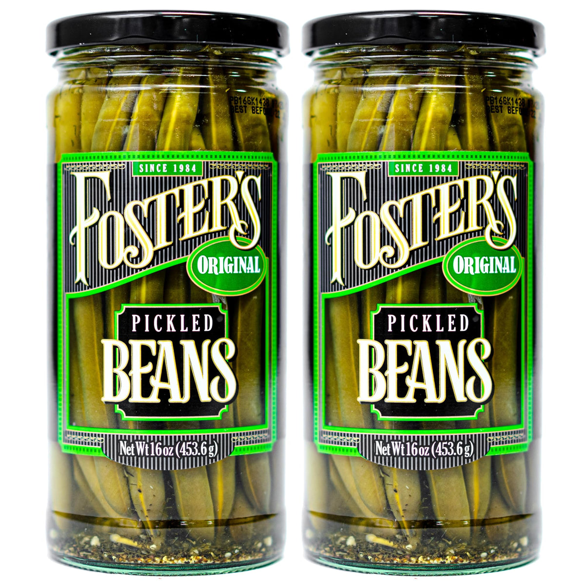 Foster's Pickled Green Beans jar on a kitchen counter, a classic low-calorie snack option.