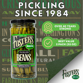 Foster's Pickled Green Beans label close-up highlights traditional recipe dating back 40 years.