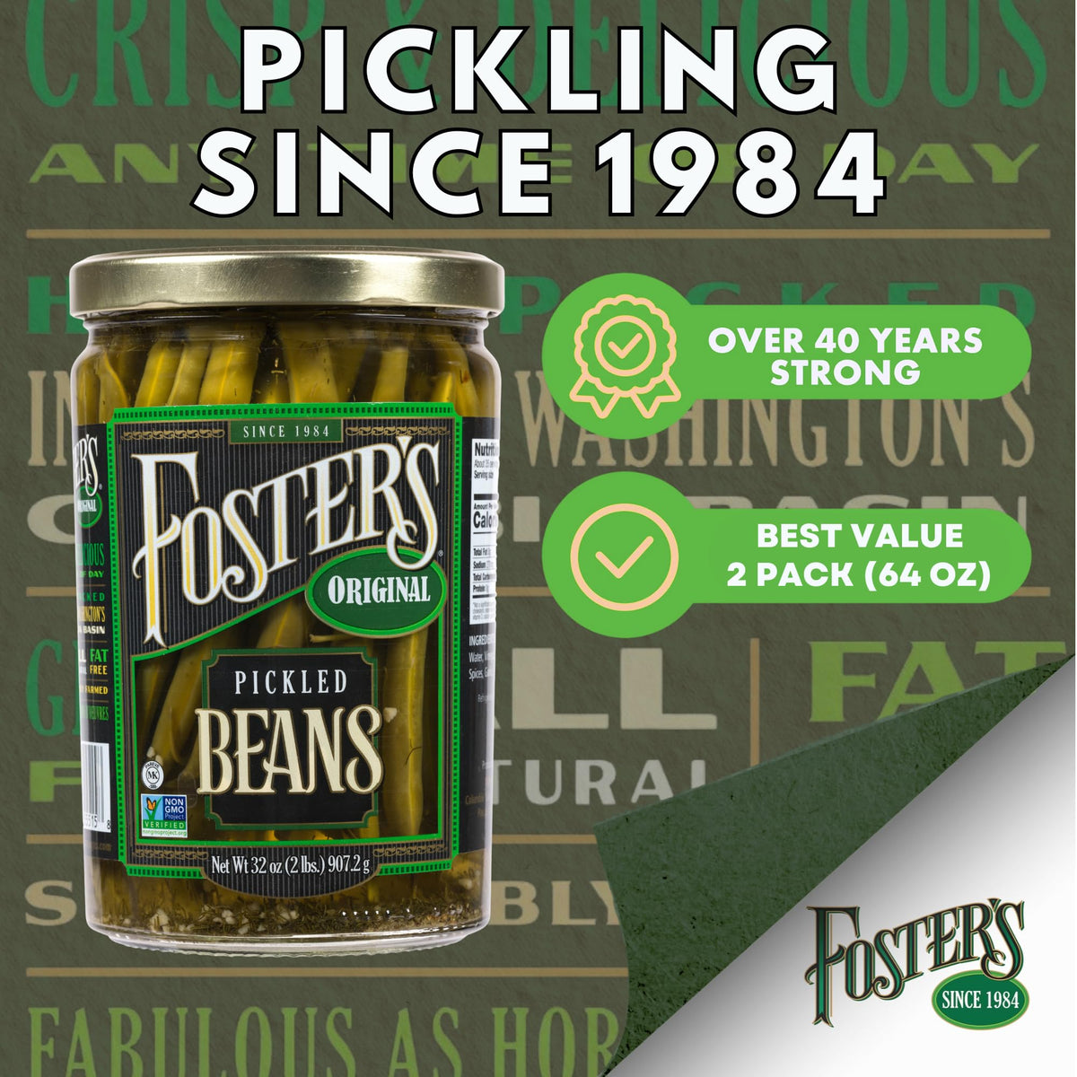 Foster's pickled green beans two-pack on shelf, ideal for party platters and quick spreads.
