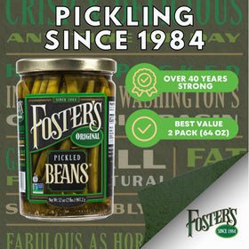 Foster's pickled green beans two-pack on shelf, ideal for party platters and quick spreads.