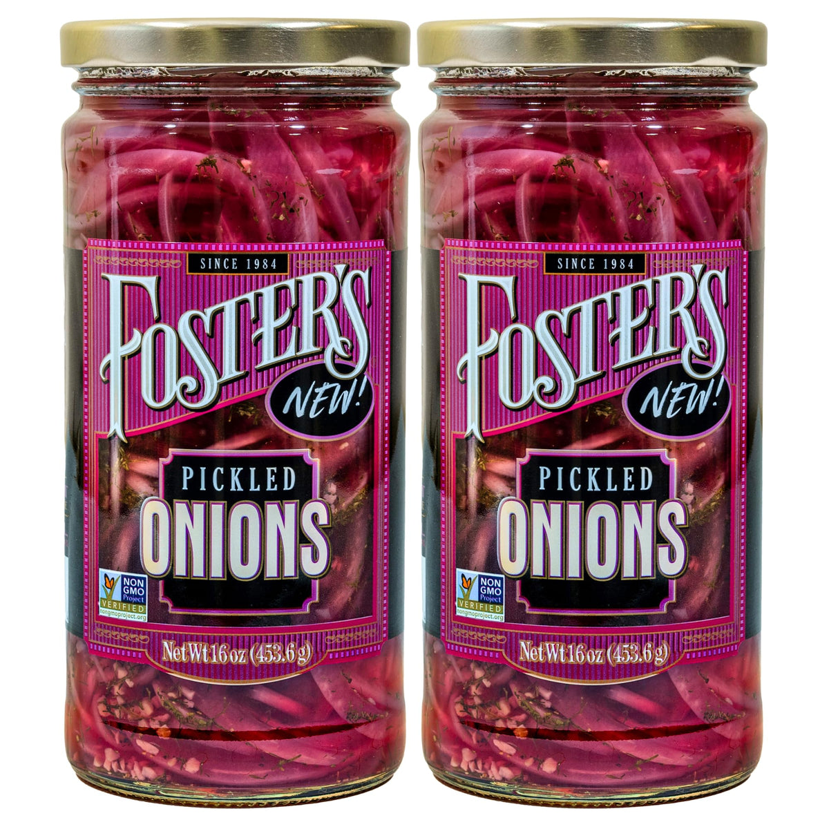 Foster's Pickled Red Onions jar 16oz 2-pack with vibrant rings ready for quick snacking.