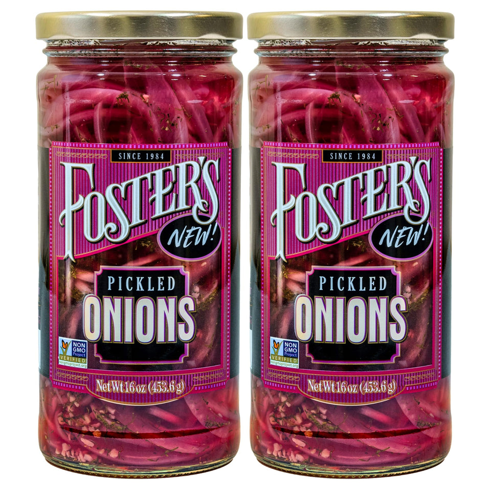 Foster's Pickled Red Onions jar 16oz 2-pack with vibrant rings ready for quick snacking.