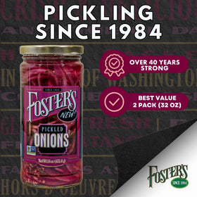 Foster's Pickled Red Onions jar angle shot showing tangy flavor enhancer for salads.