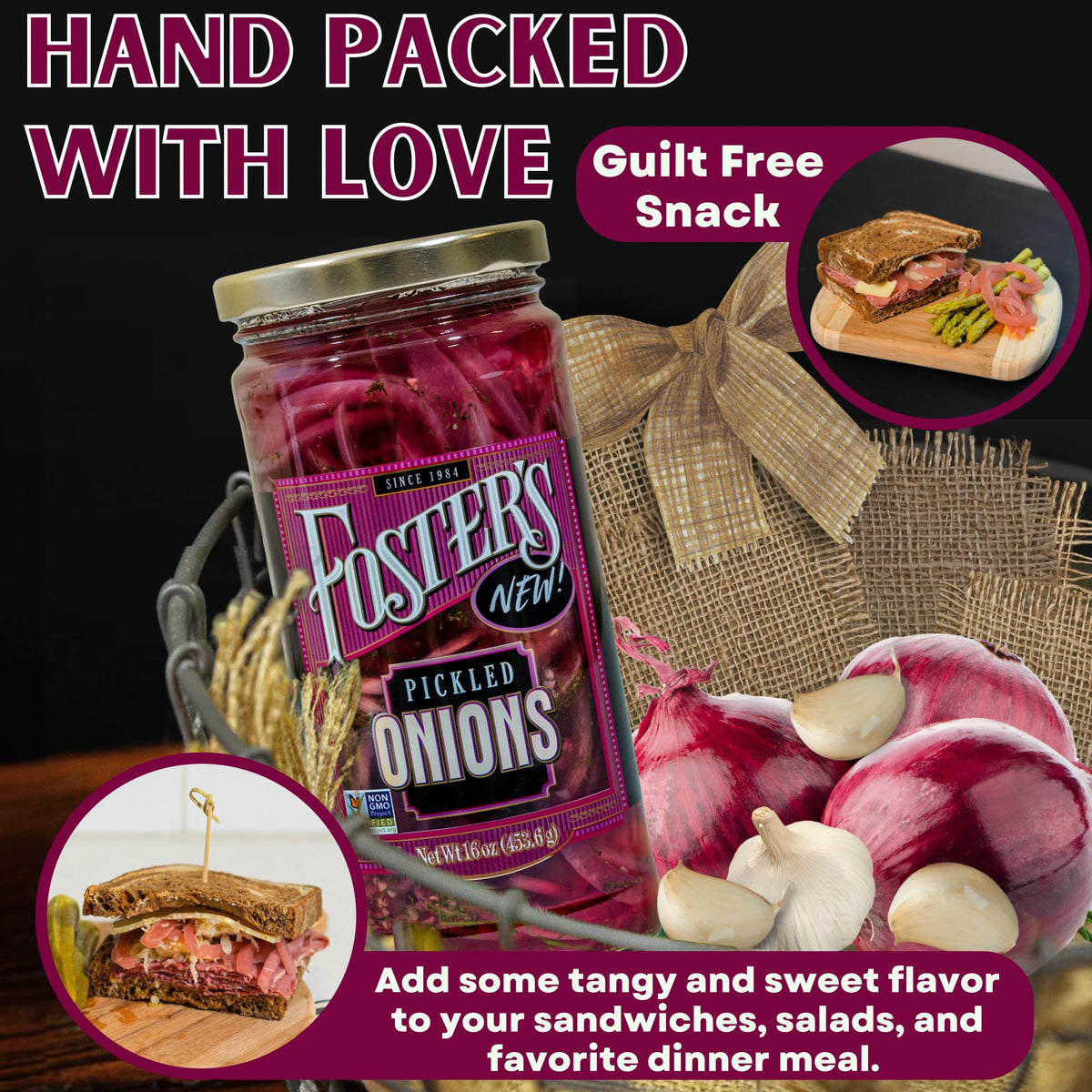 Foster's Pickled Red Onions sliced rings on a plate as colorful sandwich garnish.