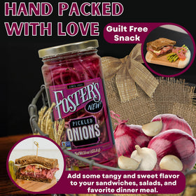 Foster's Pickled Red Onions sliced rings on a plate as colorful sandwich garnish.