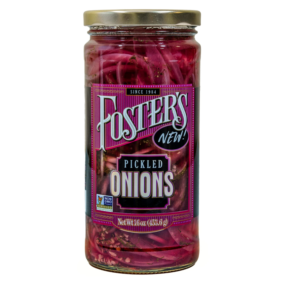 Foster's Since 1984 pickled red onions in a jar, vibrant glaze for tangy snacking.