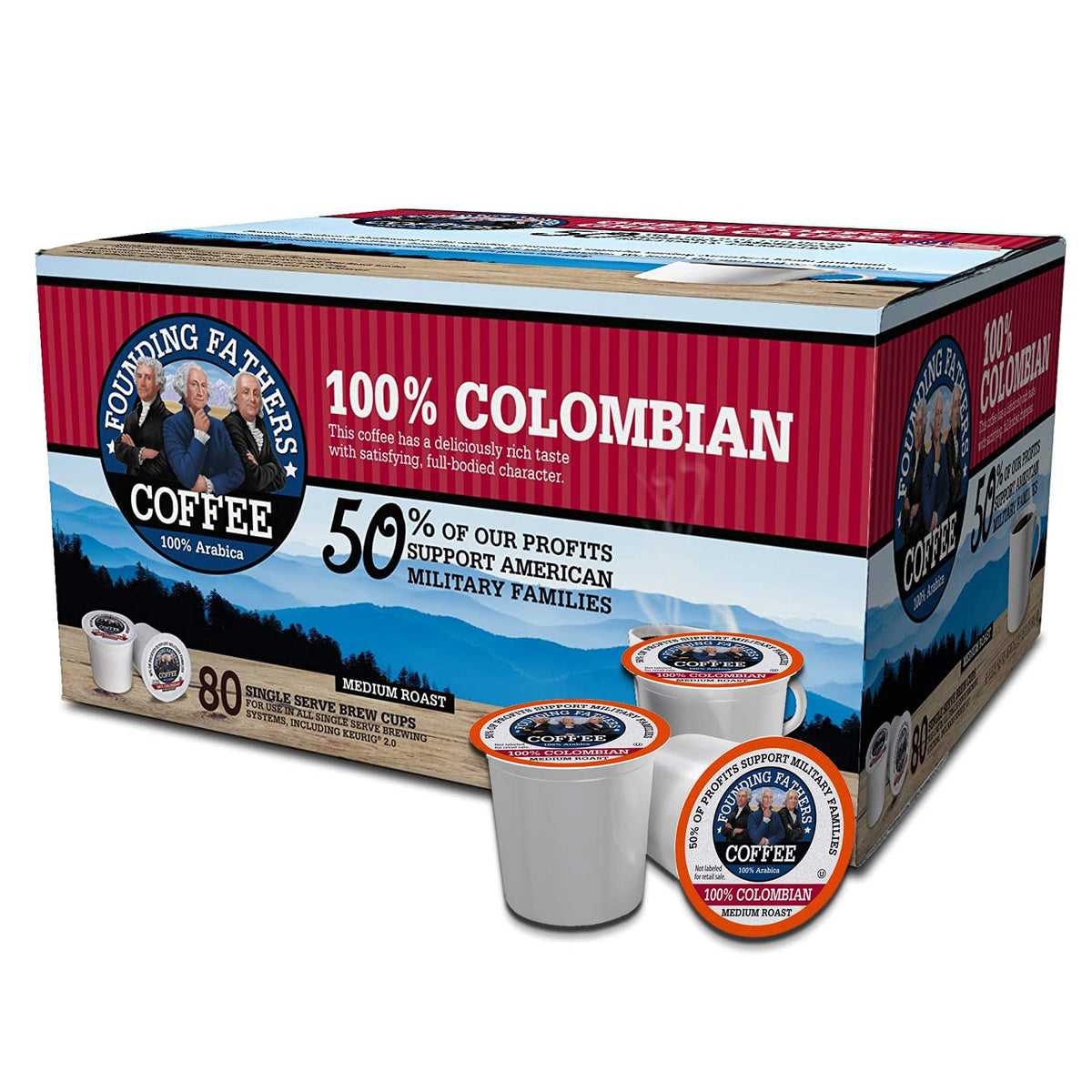 Founding Fathers Colombian single-serve 80-count box for quick Keurig mornings.