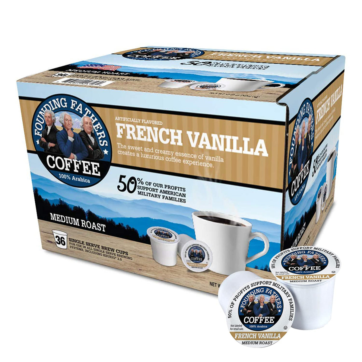 Founding Fathers French Vanilla pods 36-count ready for a smooth morning brew