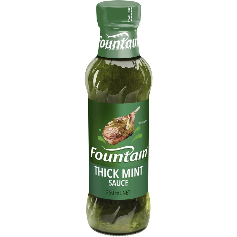 Fountain Thick Mint Sauce bottle close-up highlighting mint aroma for lamb