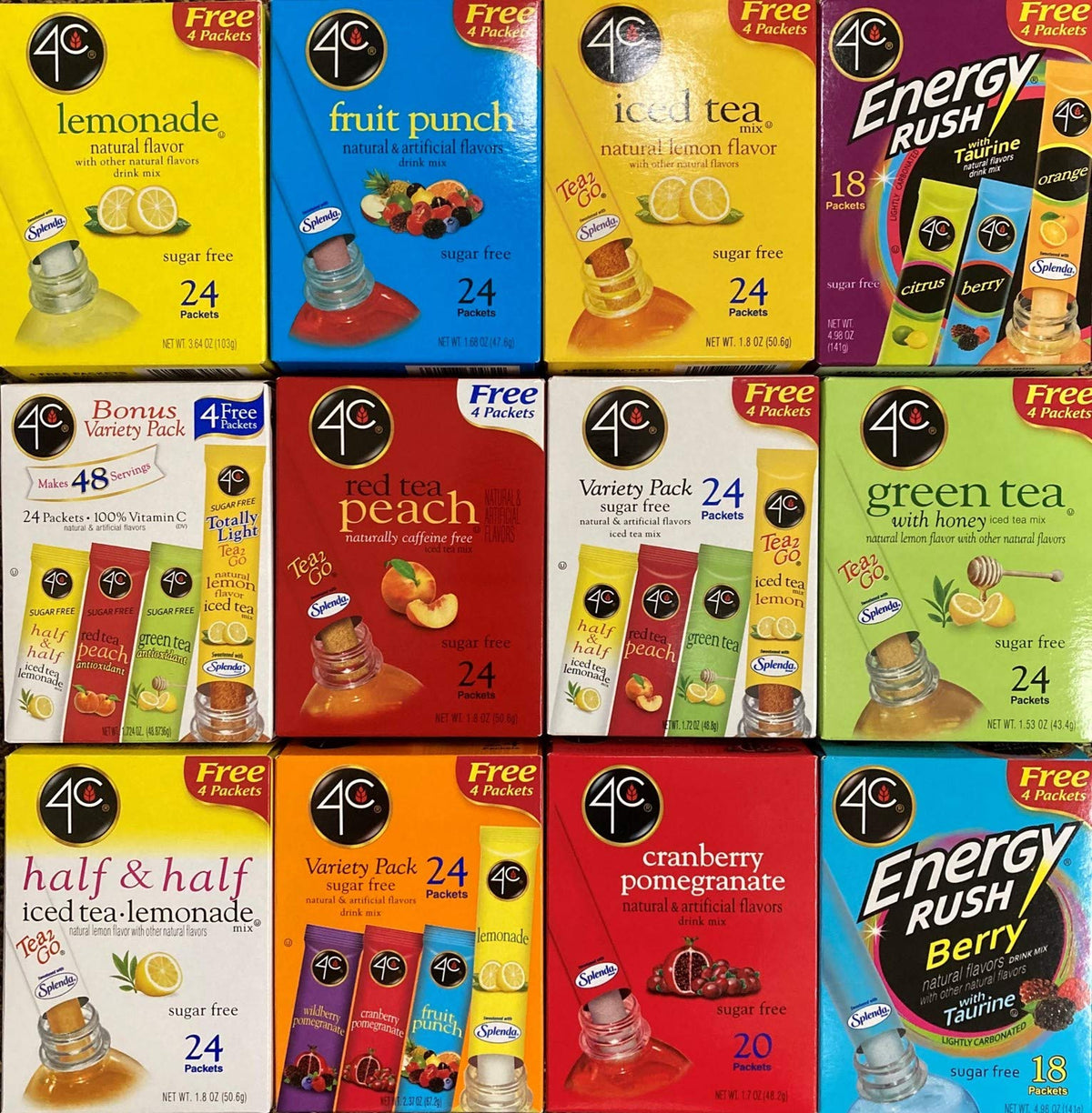 Four C Energy Rush berry packets close-up for refreshing focus.