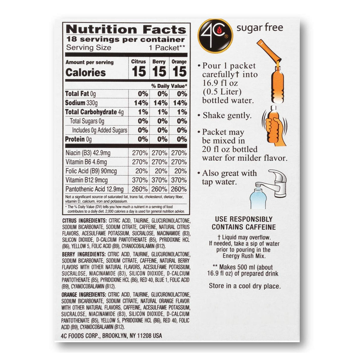 Four C Energy Rush orange packets close-up for quick citrus energy.