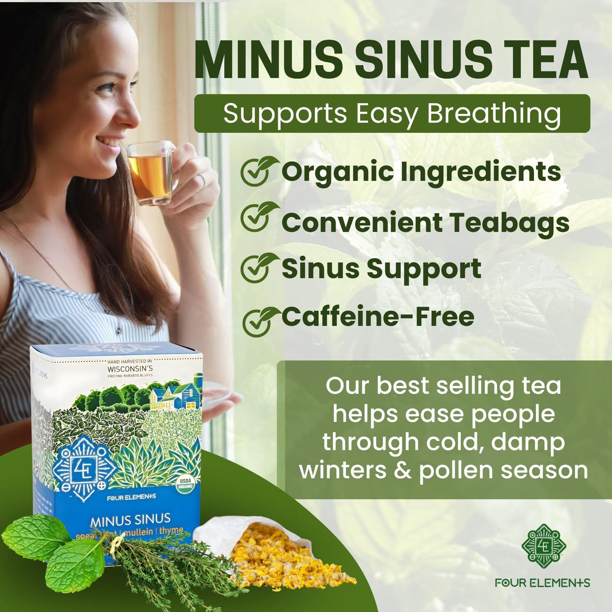Four Elements 4E Minus Sinus Tea box back lists organic ingredients and caffeine-free comfort.