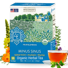 Four Elements 4E Minus Sinus Tea box front with organic herbs for soothing rituals.