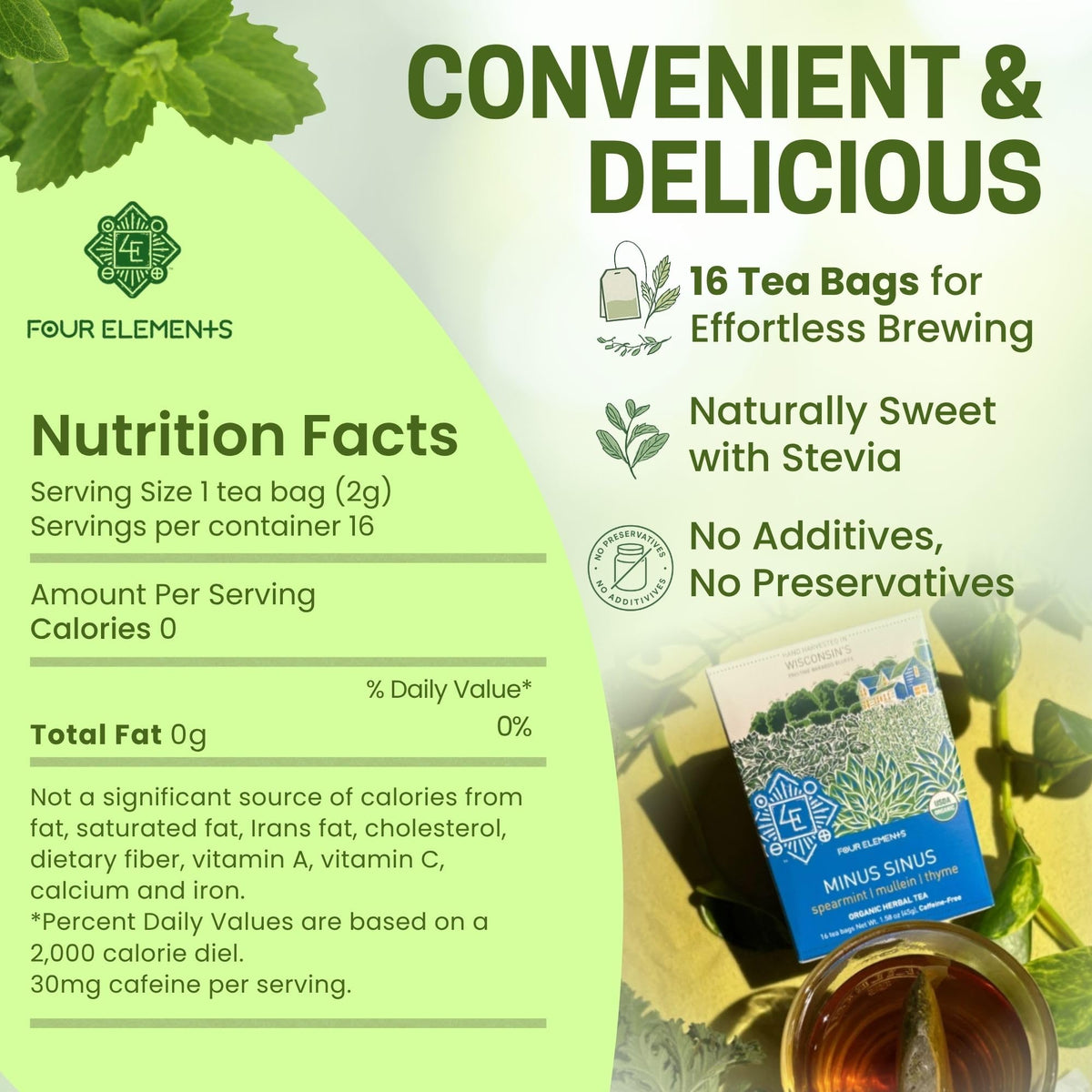 Four Elements 4E Minus Sinus Tea brewed hot showcases inviting warmth and herbal notes.