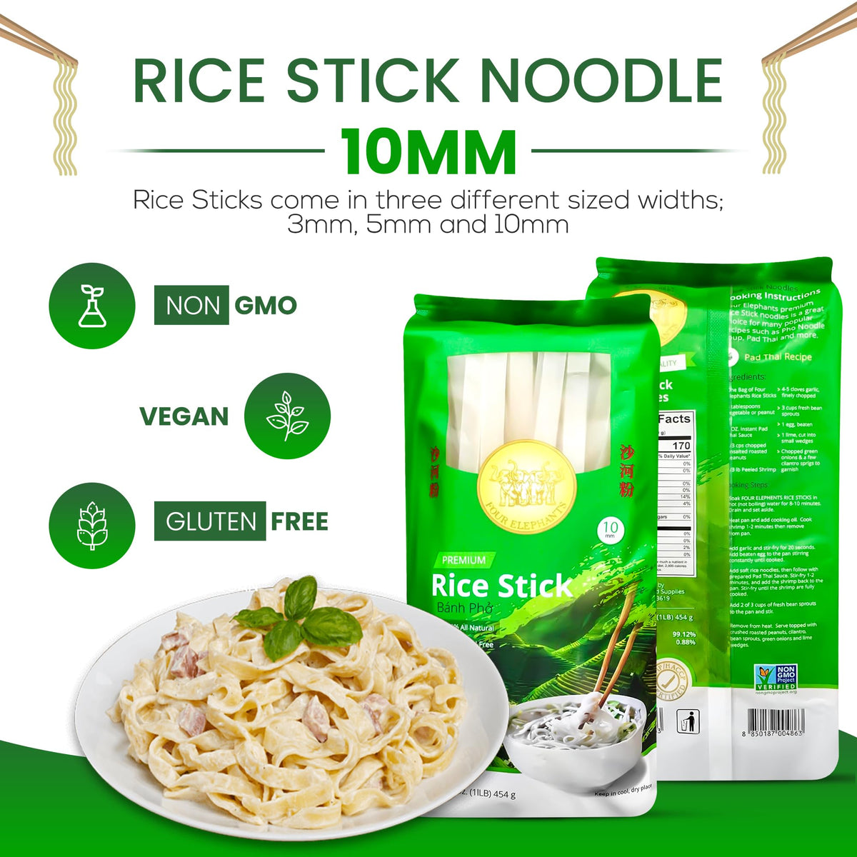 Four Elephants 10mm rice sticks packaging with non-GMO badge