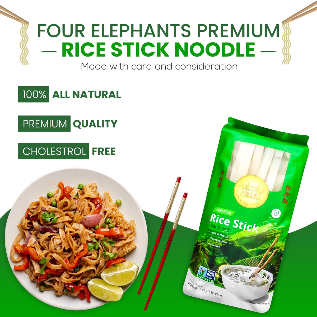 Four Elephants 10mm rice sticks stir-fried with vegetables in a pan