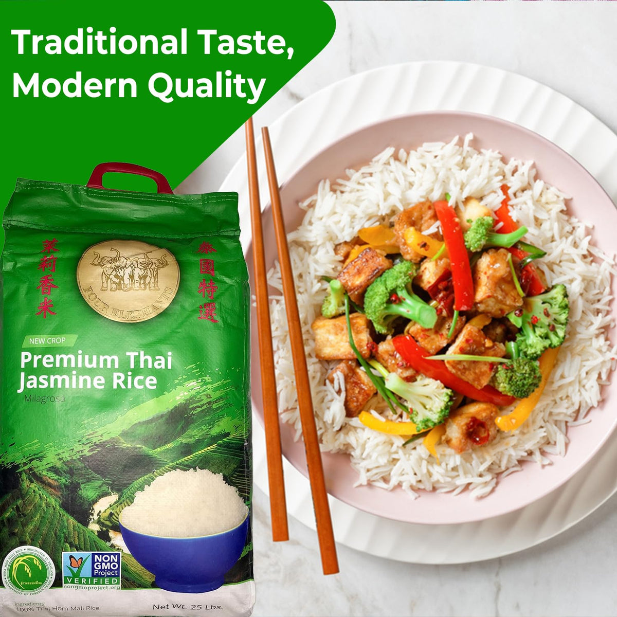 Four Elephants 2lb pack of Thai Jasmine Rice ready for prep