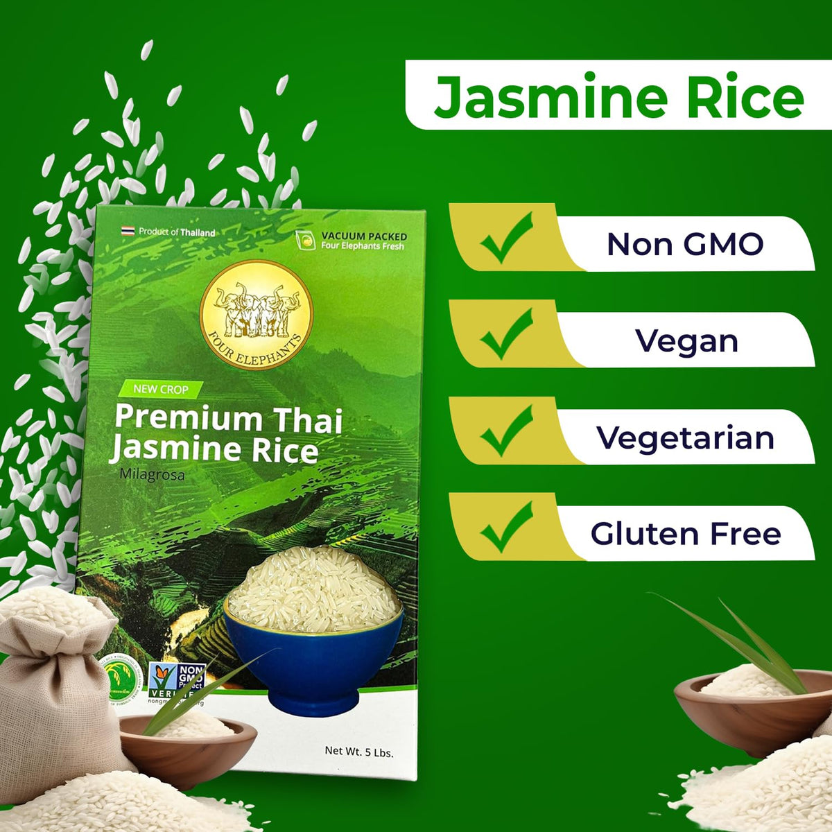 Microwave-ready Four Elephants jasmine rice in a dish