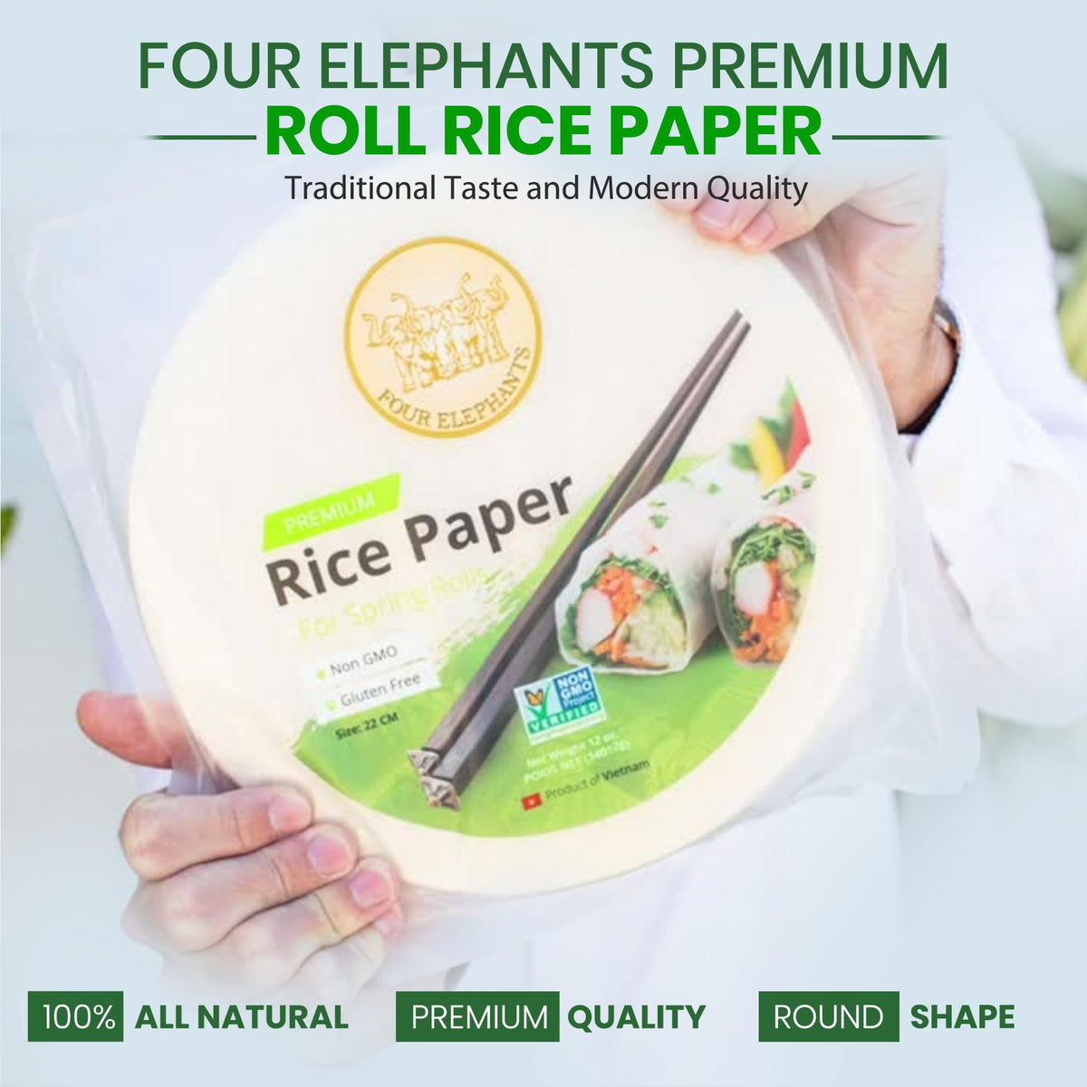 Non-GMO and gluten-free rice paper from Four Elephants supports versatile fillings.