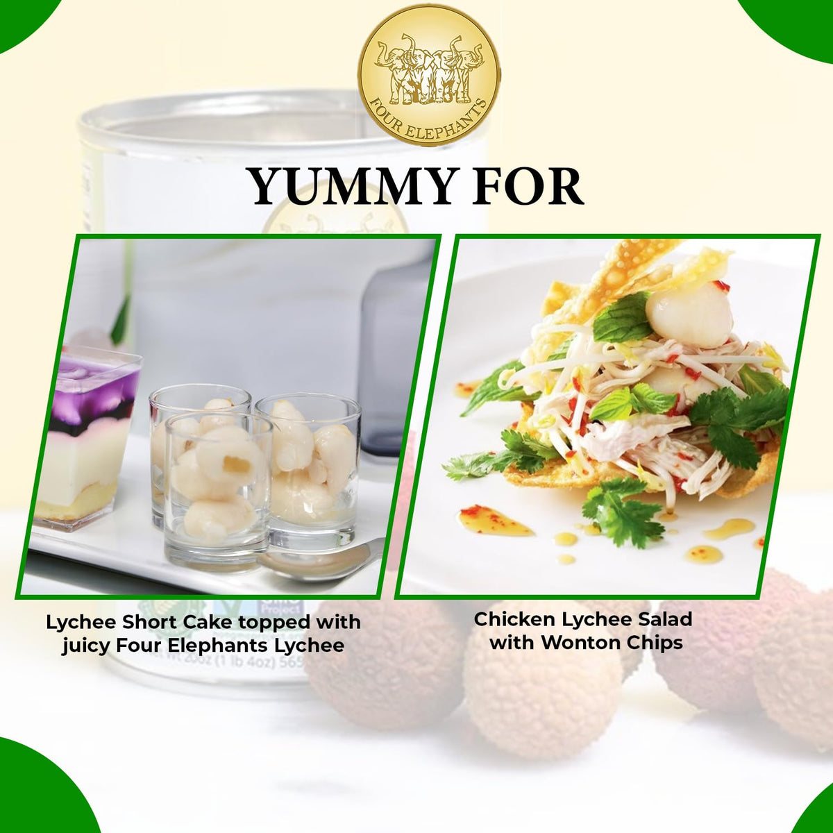 Four Elephants lychees in syrup topping tropical desserts and bowls.