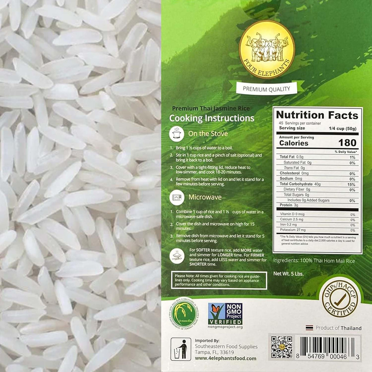 Four Elephants non-GMO and gluten-free seals on packaging