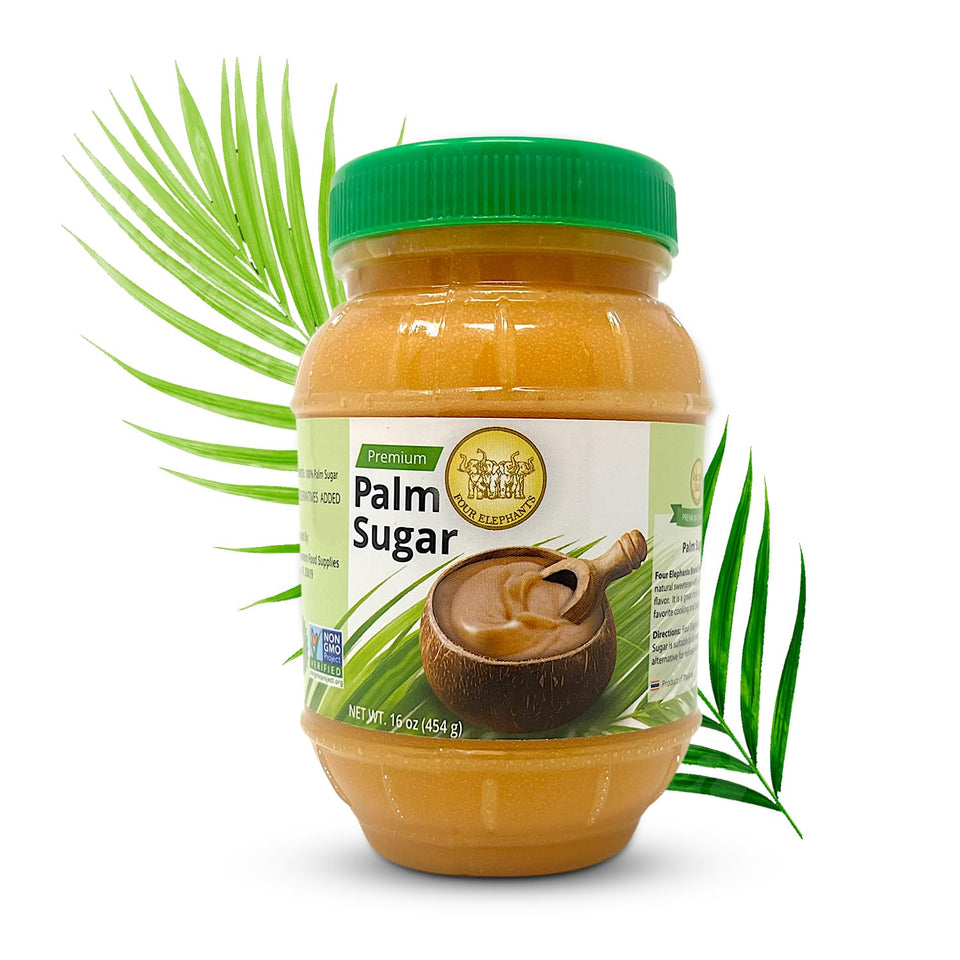 Four Elephants palm sugar jar captures the brand with a mild caramel flavor for baking.