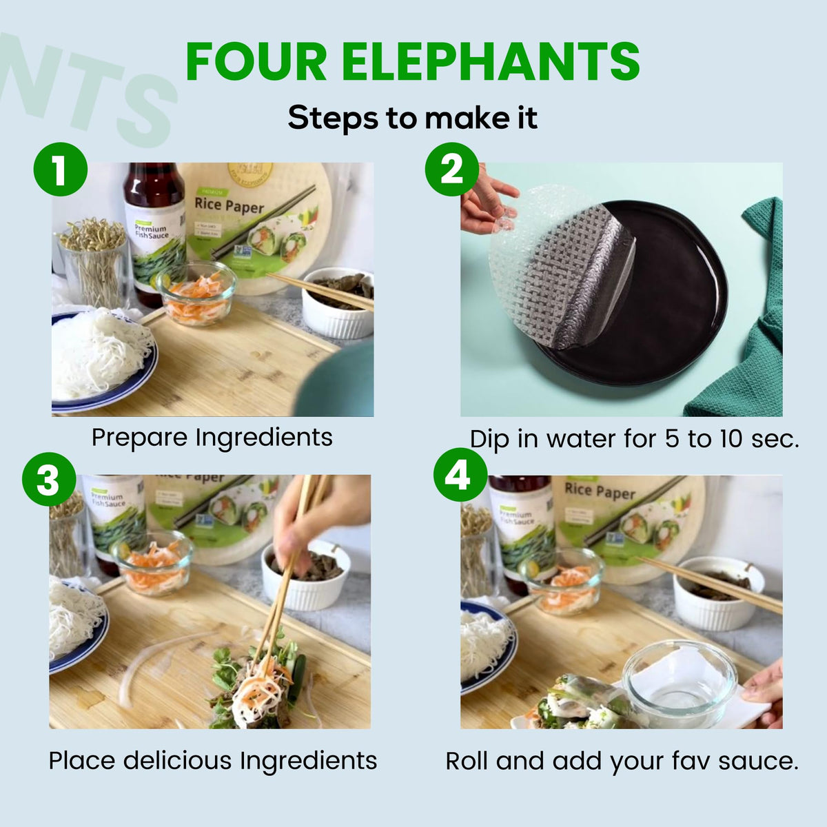 Gluten-free Four Elephants rice paper ideal for egg rolls and fresh spring rolls.